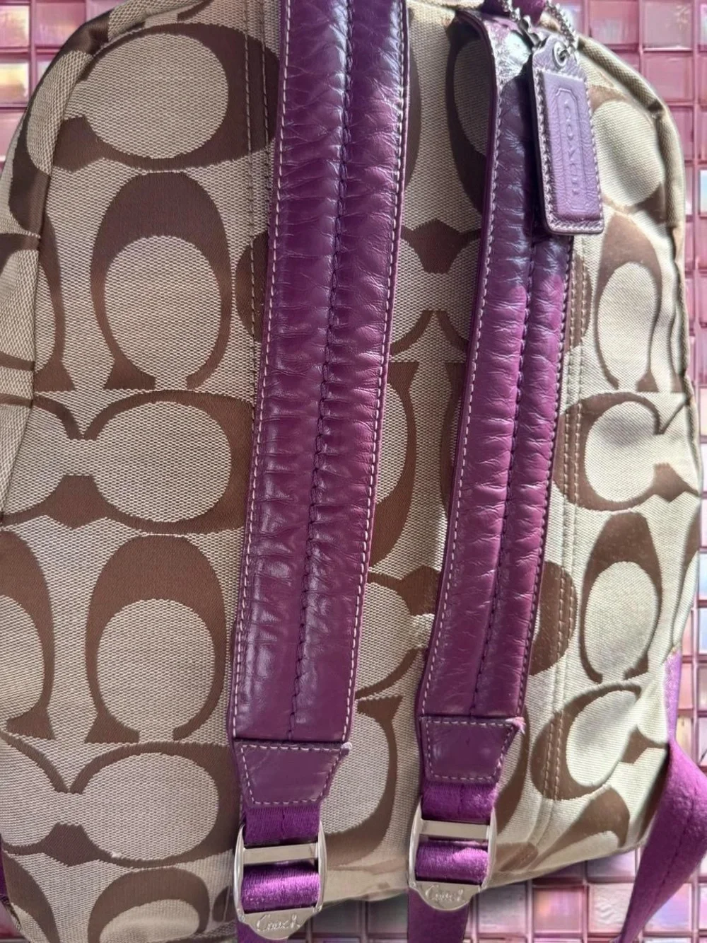 Coach Taupe Canvas Backpack with Purple Trim